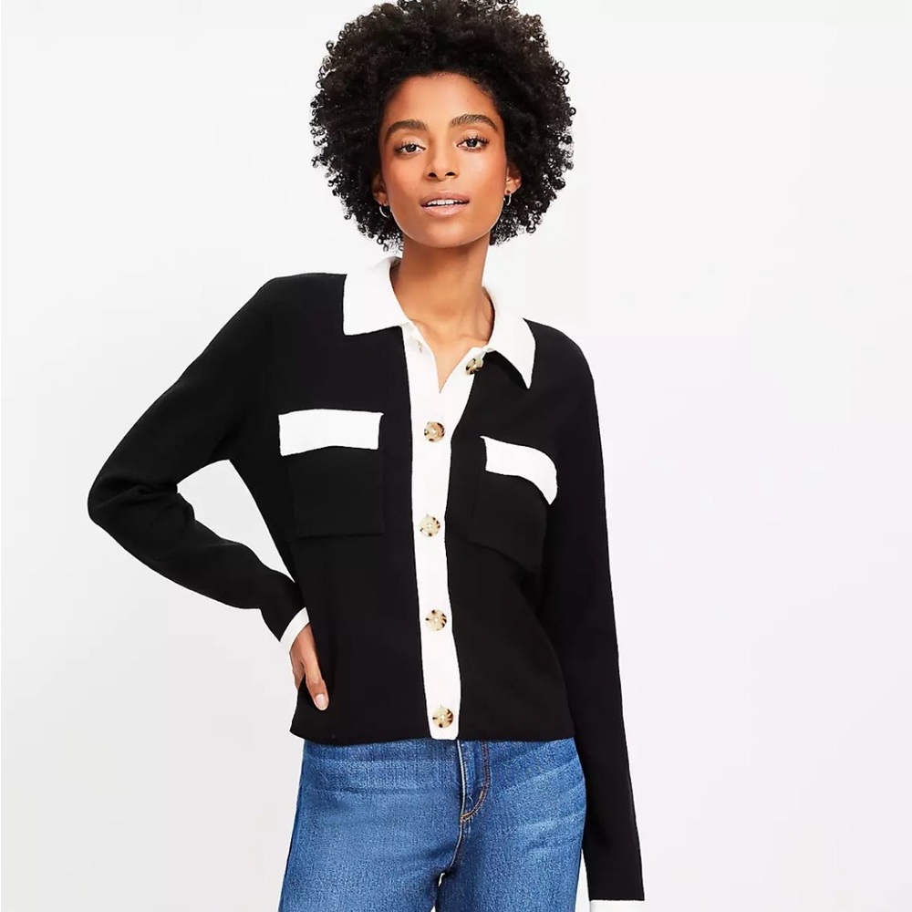LOFT Black Tipped Sweater Jacket White Contrast Trim Collared Size Medium
